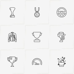 Racing line icon set with racer uniform , steering wheel and champagne