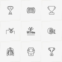 Racing line icon set with trophy, racer uniform  and tire pump