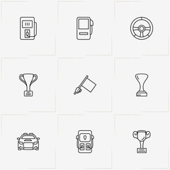 Racing line icon set with steering wheel, race flag and trophy