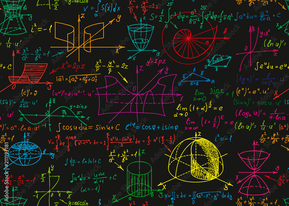 Wall mural math science vector seamless pattern with handwritten formulas on the black chalkboard for the backg