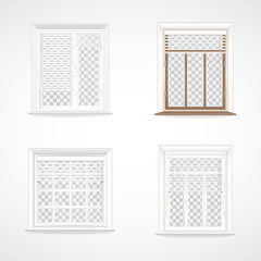 Vector set of wooden and plastic windows in realistic style, jalousie and transparent glass.