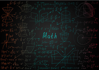 Mathematical colorful formulas drawn by hand on a black chalkboard for the background. Vector illustration.