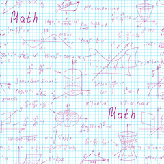 Math science vector seamless pattern with handwritten formulas on a notebook page for the background.