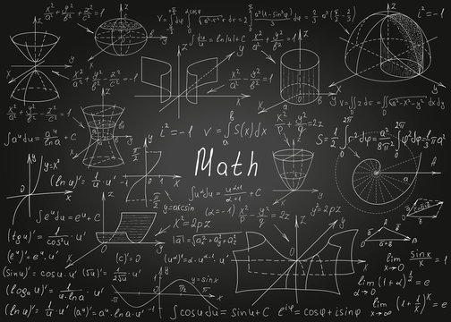 Mathematical formulas drawn by hand on a black chalkboard for the background. Vector illustration.