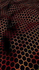 Honeycomb wave effect on a red yellow background. Perspective view on polygon look like honeycomb. Isometric geometry. Vertical image orientation. 3D illustration