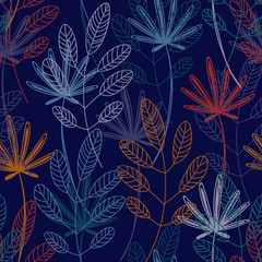 Vector seamless pattern with wild plants, herbs and branches, colorful botanical illustration, floral elements, hand drawn repeatable background. Artistic backdrop.