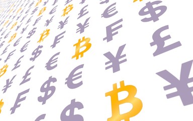 Bitcoin and currency on a white background. Digital Cryptocurrency symbol. Business concept. Market Display. 3D illustration