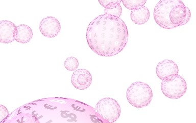 Bitcoin economic financial bubble. Cryptocurrency 3D illustration. Business concept. Pink bubbles on white background. Bit, Coin, mining concept