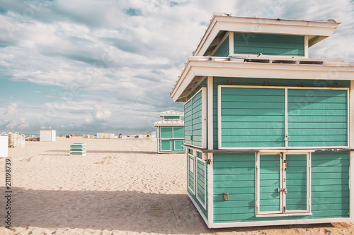 Beach Cabins Near The S With Miami Beautiful Blue Sky In Beach Cabins Near The S With Miami Beautiful Blue Sky In Background