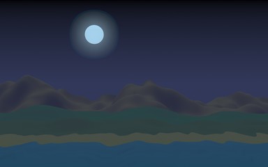 Moon Sea Beach. Midnight. Ocean shore line with waves on a beach. Island beach paradise with waves. Vacation, summer, relaxation. Seascape, seashore. Minimalist landscape, primitivism. 3D illustration