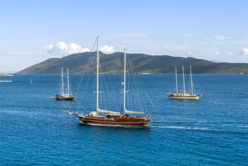 Fototapeta na wymiar Bodrum, Turkey, 19 May 2010: Sailboats at Aegean Sea