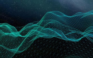 Abstract landscape on a dark background. Cyberspace grid. Hi-tech network. Outer space. Starry outer space texture. 3D illustration