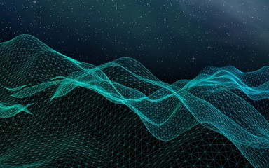 Abstract landscape on a dark background. Cyberspace grid. Hi-tech network. Outer space. Starry outer space texture. 3D illustration