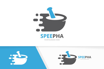 Vector fast pharmacy logo combination. Speed pounder symbol or icon. Unique mortar and pestle logotype design template.