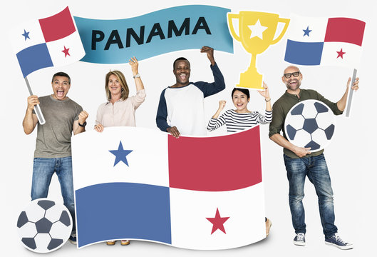 Diverse football fans holding the flag of Panama - Powered by Adobe