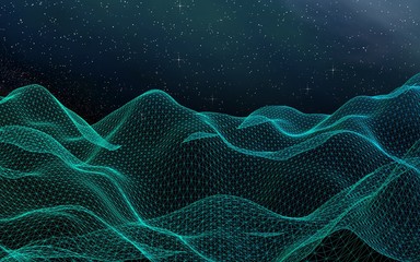 Star horizon. Abstract landscape on a dark background. Cyberspace grid. Hi-tech network. Outer space. Starry outer space texture. 3D illustration