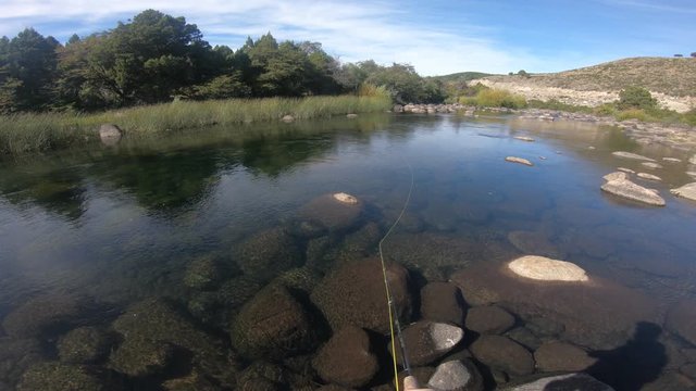 First person scene of man flyfishing casting in Pulmari river, in Neuquen, Patagonia Argentina on a sunny and windy day. River full of big rounded rocks.