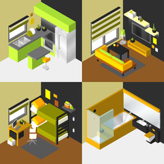 vector isometric home rooms set with kitchen, kids room, bathroom and living room