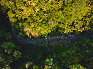 Aerial view of river with boats for rafting and jungle in Bali