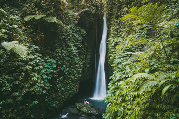 Waterfall with tropical plants and woman traveller in Bali, Indonesia
