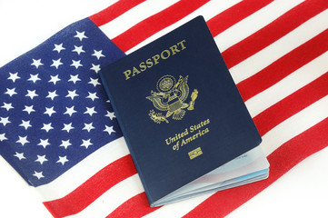 Fototapeta na wymiar passport of USA on the national flag