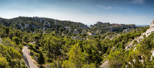 Panoramic view of Les Baux de Provence, a French commune in the Bouches-du-Rhône department of the province of Provence in the Provence-Alpes-Côte d'Azur region of southern France