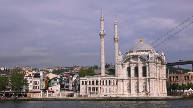 Ortakoy Mosque near the Bosphorus Bridge, sunny day, Turkey, Istanbul