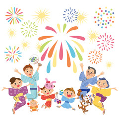 三世代家族で花火を見る
