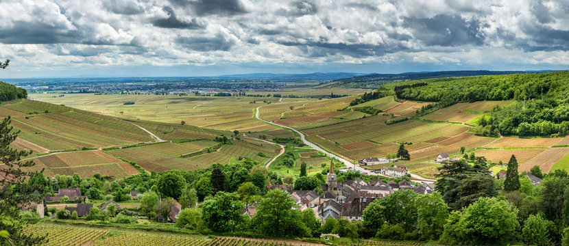 Panoramic view of a typical village in Burgundy, surrounded by vineyards