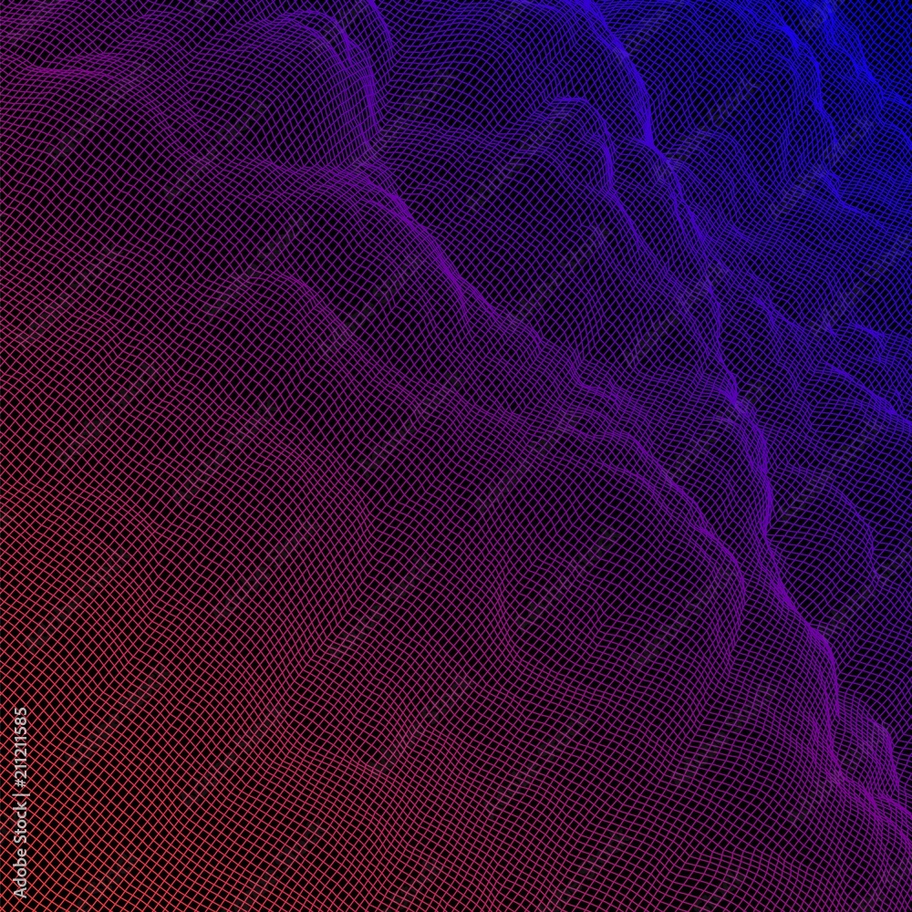 Poster digital landscape with mountains or clouds made of line grid