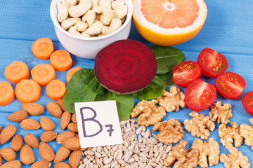 Nutritious different ingredients containing vitamin B7, natural minerals and fiber, healthy nutrition