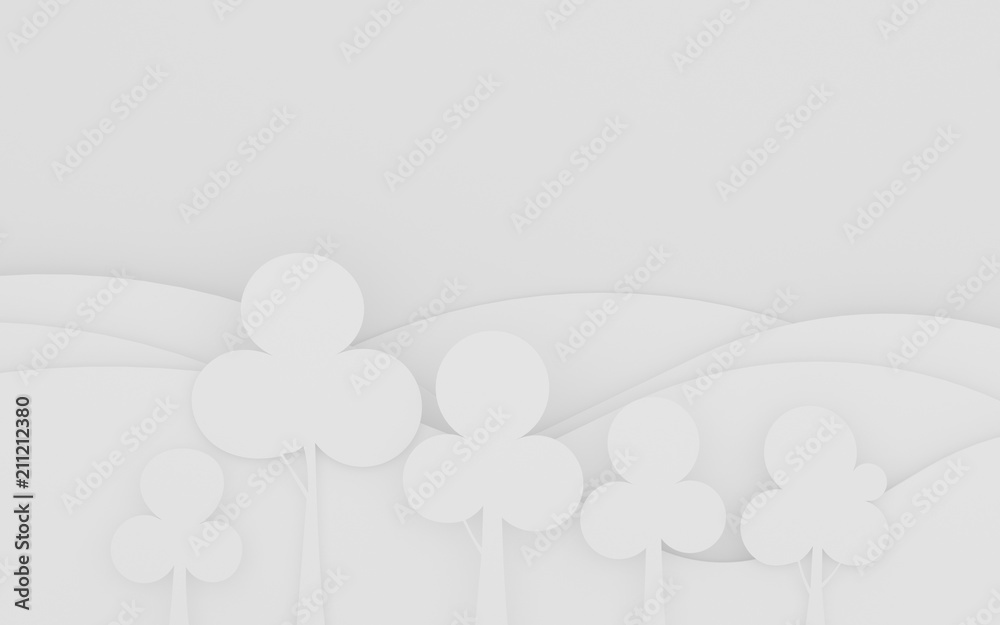 Aufkleber Paper art scene of flat round tree on layer of mountain background,Minimal concept of forest,3D rendering