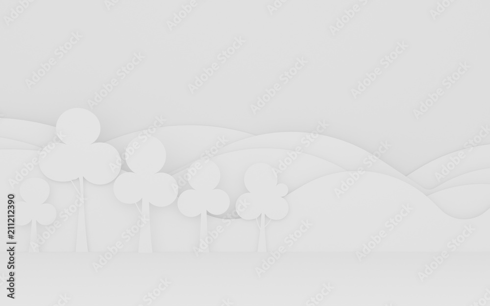 Poster Paper art scene of flat round tree on layer of mountain background,Minimal concept of forest,3D rendering