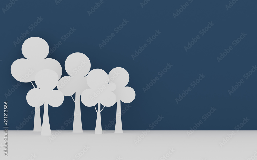 Poster paper art scene of cute tree on white background,minimal concept of forest,3d rendering