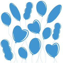 Set of flat isolated blue silhouettes of balloons on ropes. Simple design on white background