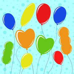 Set of flat colored isolated balloons on the clothesline. Simple drawing on a blue background