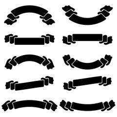 A set of flat black isolated silhouettes of ribbons banners on white background