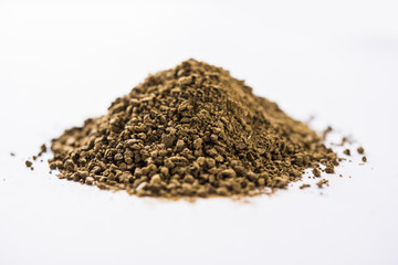 Indian ayurvedic Triphala churan or trifala powder is an ancient medicine for bowel movement or indigestion problems. Selective focus