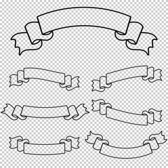 Set of flat isolated silhouettes of an empty ribbon banners with a black outline on a transparent background