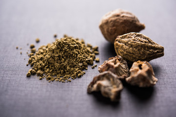 Indian ayurvedic Triphala churan or trifala powder is an ancient medicine for bowel movement or indigestion problems. Selective focus