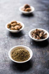 Indian ayurvedic Triphala churan or trifala powder is an ancient medicine for bowel movement or indigestion problems. Selective focus