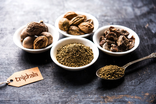 Indian ayurvedic Triphala churan or trifala powder is an ancient medicine for bowel movement or indigestion problems. Selective focus