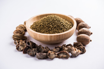 Indian ayurvedic Triphala churan or trifala powder is an ancient medicine for bowel movement or indigestion problems. Selective focus