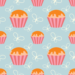 Color seamless pattern of delicious cupcakes on a blue background. Simple flat vector illustration. Suitable for Wallpaper, fabric, wrapping paper, covers.