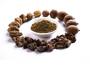 Indian ayurvedic Triphala churan or trifala powder is an ancient medicine for bowel movement or indigestion problems. Selective focus