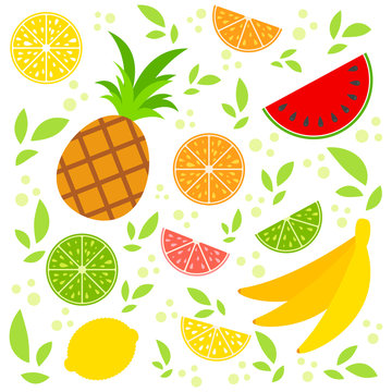 Set of colored isolated apetitic fruits on a white background. Juicy, bright, delicious tropical food. Simple flat vector illustration. Suitable for design of packages, postcards, advertising.