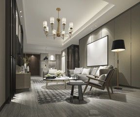 3d rendering luxury and modern living room with sofa and dining table