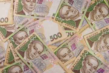 Ukrainian currency. Background of five hundred hryvnia banknotes