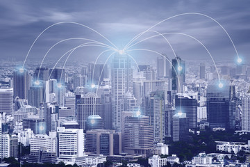 Business connectivity network technology in the city background.