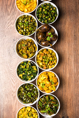 Indian sabzi / vegetable fried recipes served in white bowl over moody or colourful background. selective focus